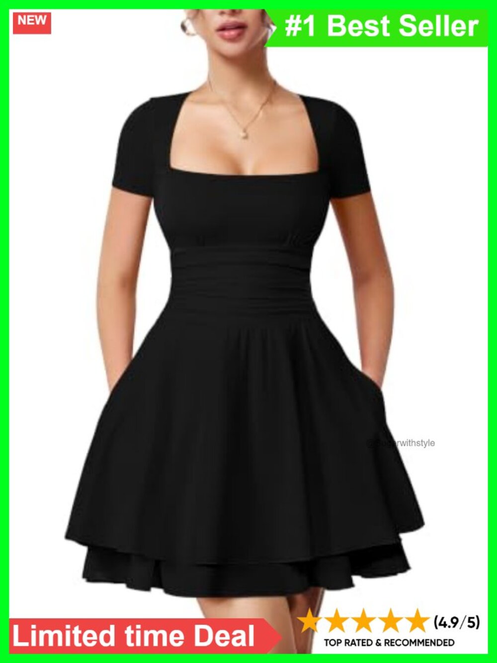 Women's Square Neck Short Sleeve Mini Dress with Pockets